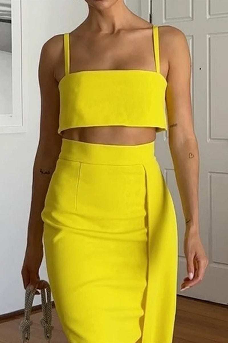 Conjunto de dos piezas sexy con escote cuadrado fruncido y sin mangas