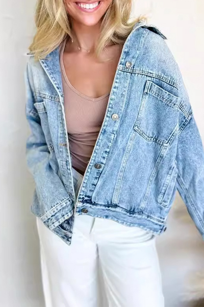 Chaqueta vaquera informal de manga larga con cuello vuelto, botones y patchwork para uso diario