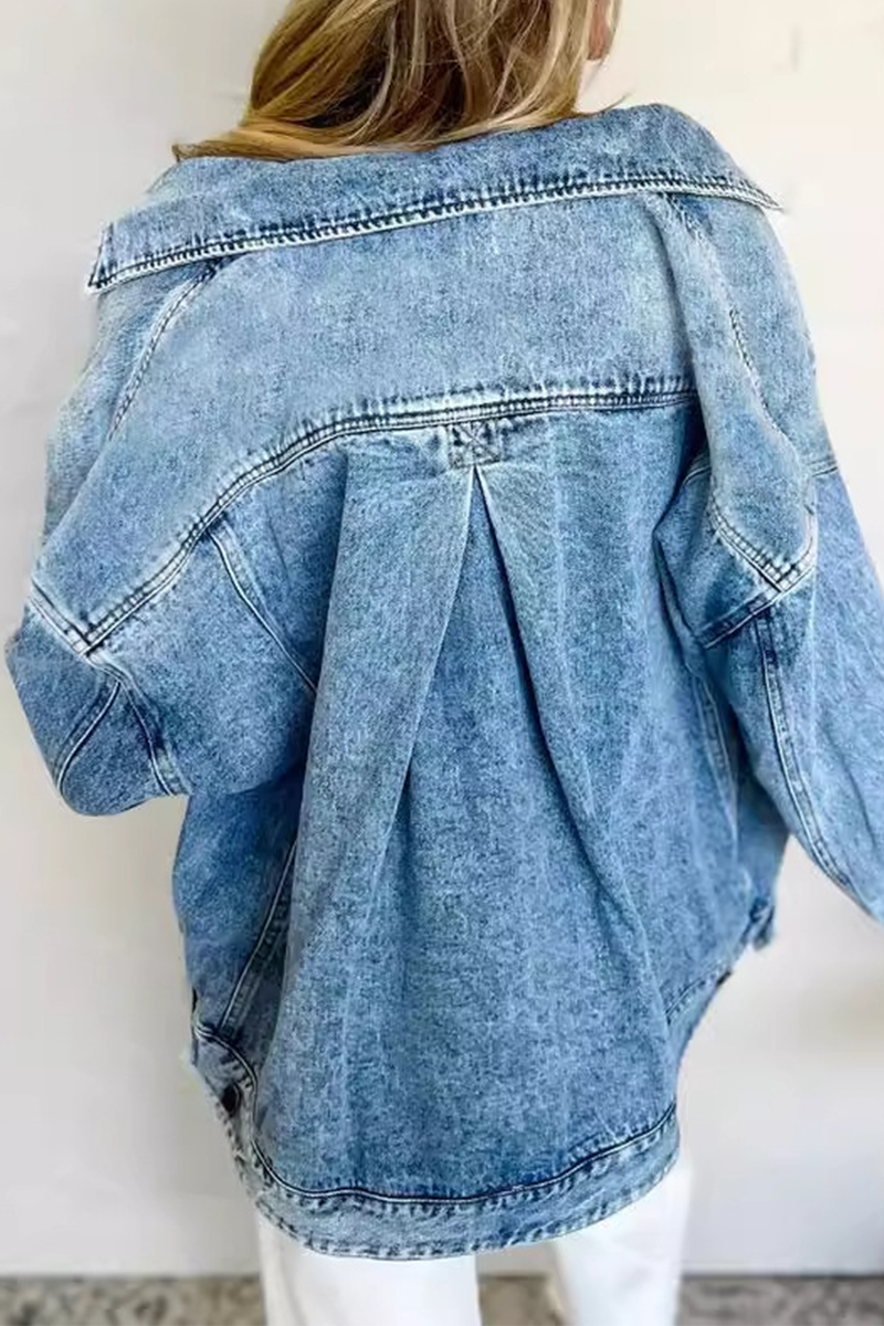 Chaqueta vaquera informal de manga larga con cuello vuelto, botones y patchwork para uso diario