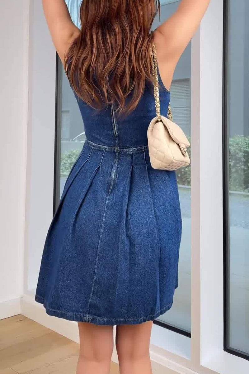 Vestidos vaqueros casuales sin mangas con cuello redondo, fruncidos y cremallera