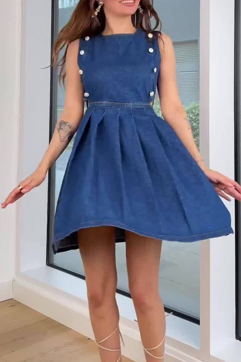 Vestidos vaqueros casuales sin mangas con cuello redondo, fruncidos y cremallera