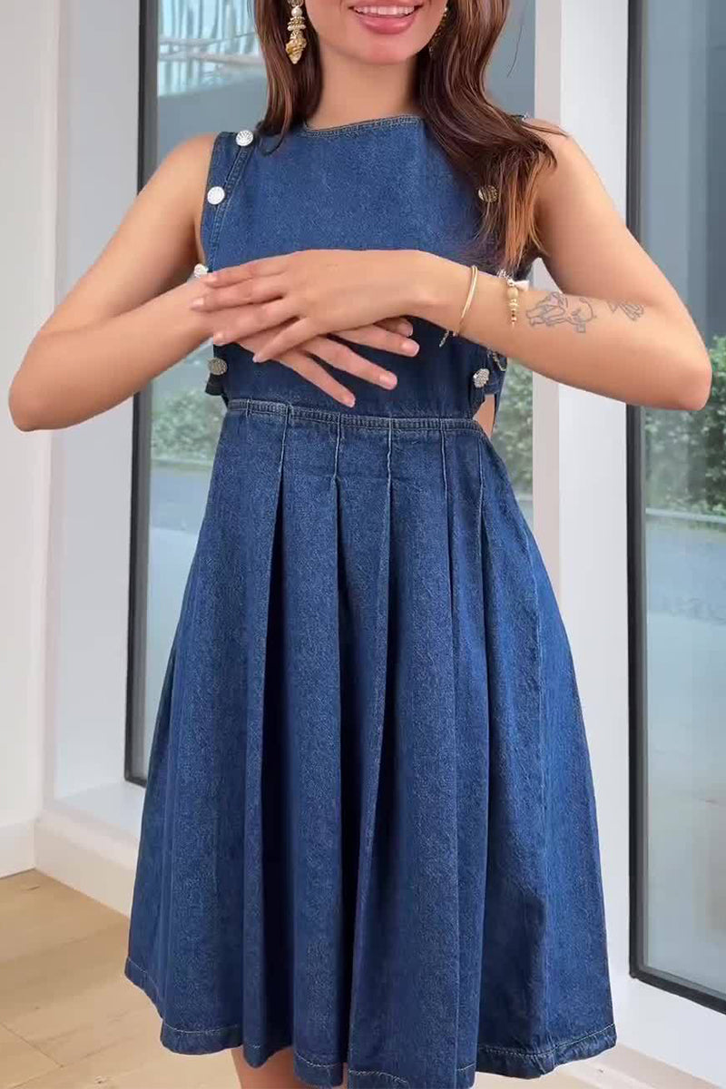 Vestidos vaqueros casuales sin mangas con cuello redondo, fruncidos y cremallera