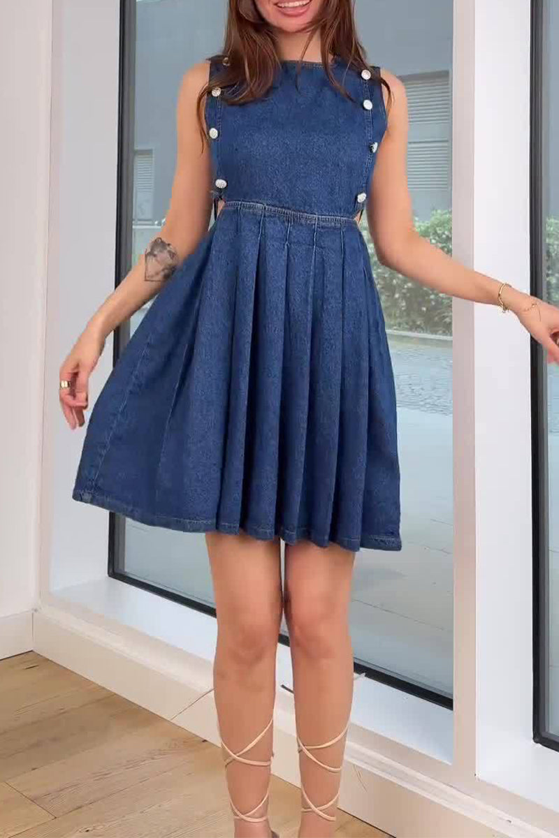 Vestidos vaqueros casuales sin mangas con cuello redondo, fruncidos y cremallera