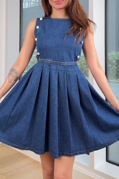 Vestidos vaqueros casuales sin mangas con cuello redondo, fruncidos y cremallera