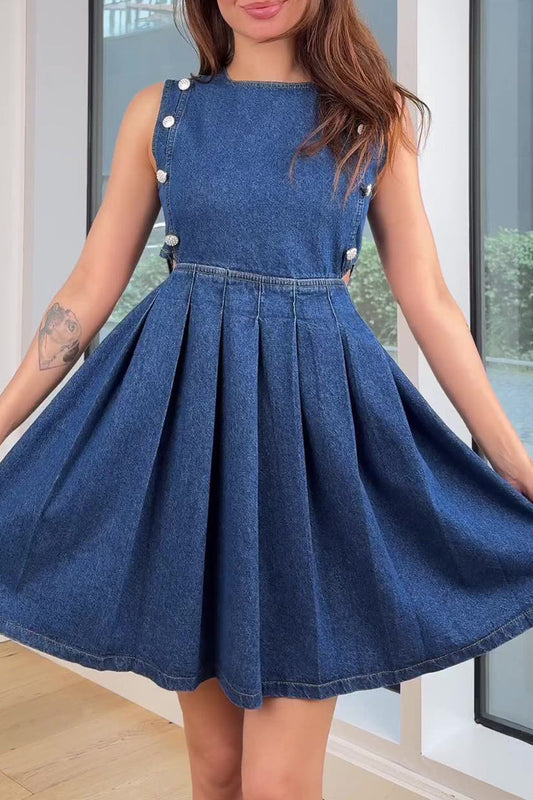 Vestidos vaqueros casuales sin mangas con cuello redondo, fruncidos y cremallera