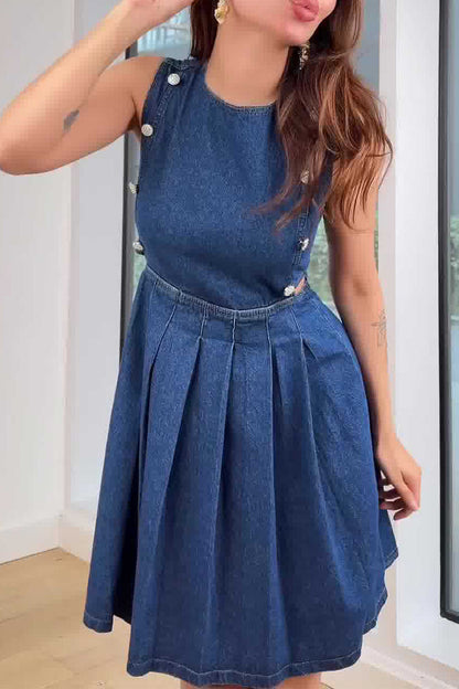 Vestidos vaqueros casuales sin mangas con cuello redondo, fruncidos y cremallera