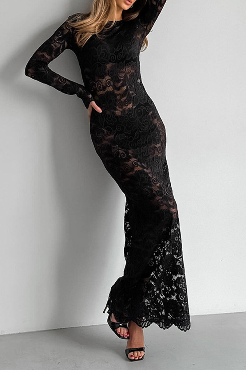 Vestido de encaje sexy transparente con cuello redondo