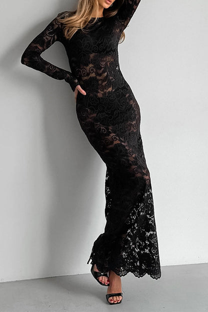 Vestido de encaje sexy transparente con cuello redondo