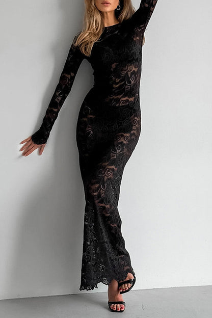 Vestido de encaje sexy transparente con cuello redondo