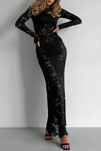 Vestido de encaje sexy transparente con cuello redondo
