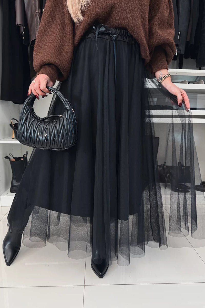 Elegante pantalón tipo A de cintura alta de malla con cordones