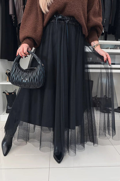Elegante pantalón tipo A de cintura alta de malla con cordones
