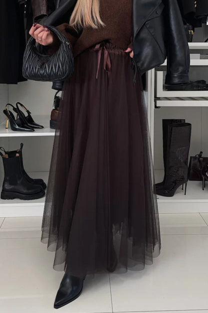 Elegante pantalón tipo A de cintura alta de malla con cordones