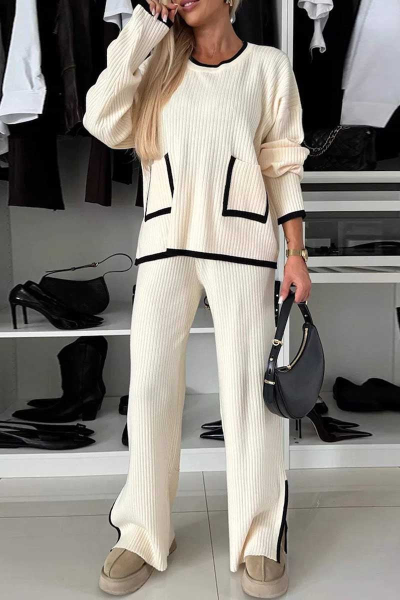 Conjunto informal de dos piezas con cuello redondo, manga larga y aberturas (3 colores)
