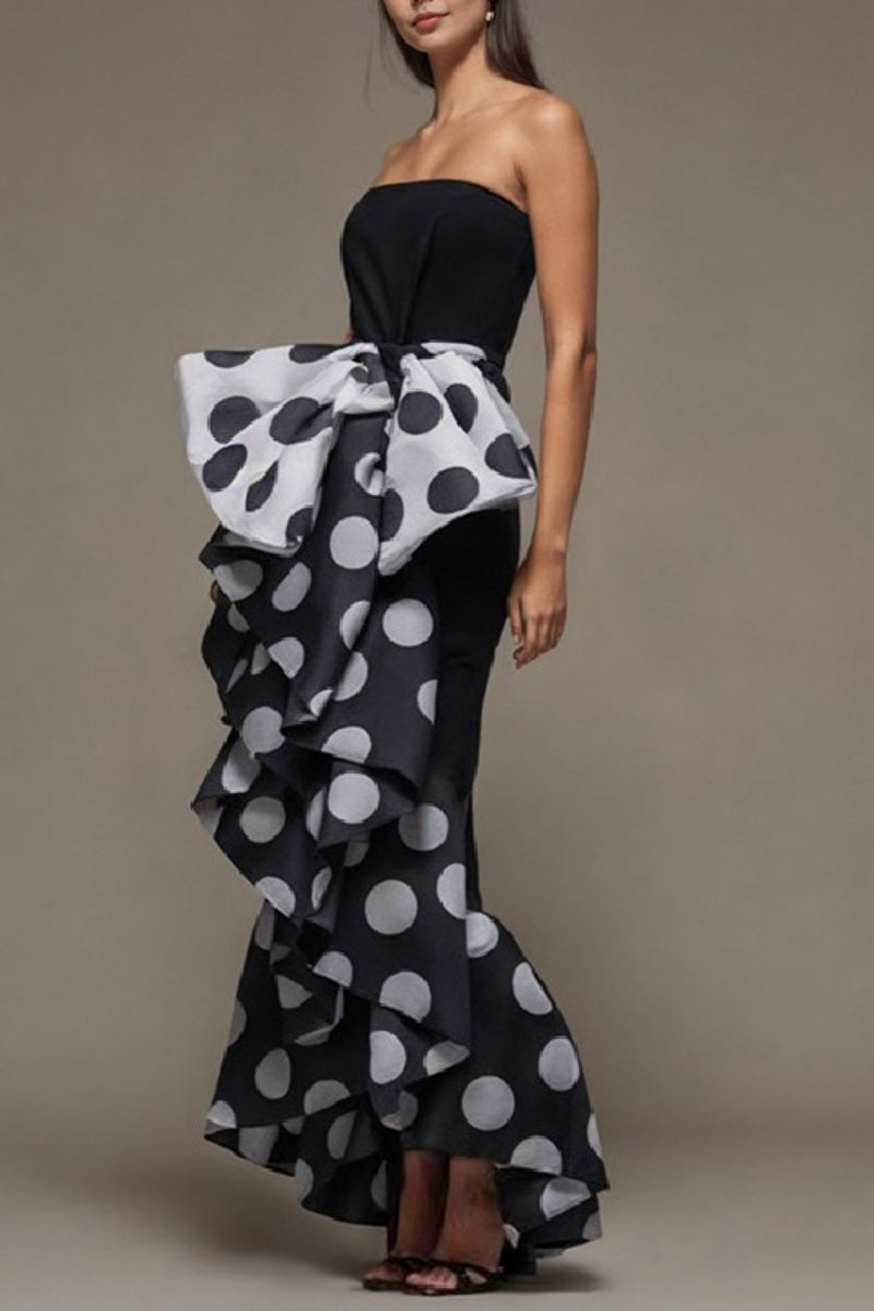Vestidos largos sexys formales de lunares con patchwork, sin espalda y sin tirantes