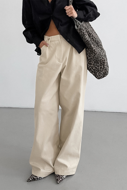 Pantalones casuales de color sólido con bolsillos y botones, sueltos, de cintura alta y pierna ancha, de color sólido