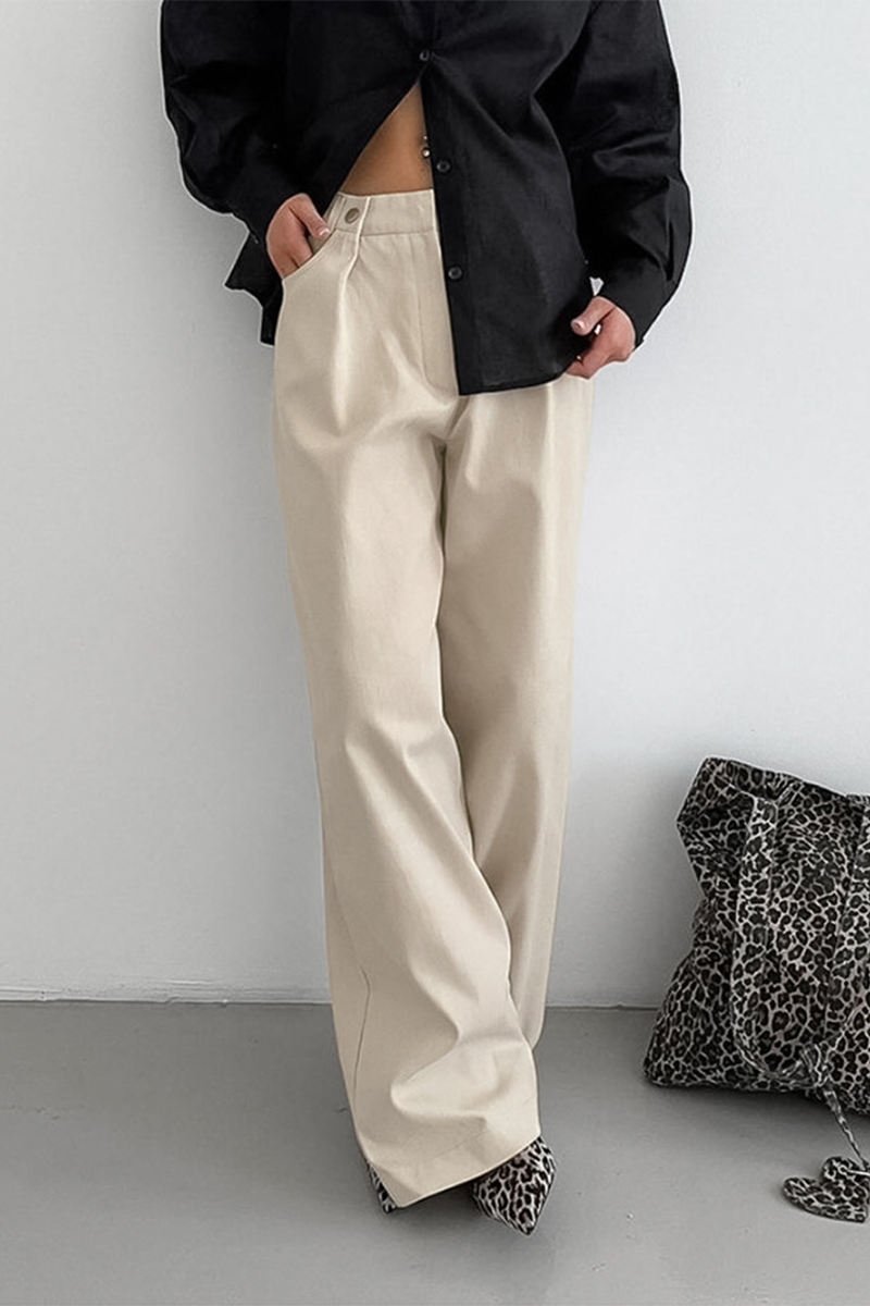 Pantalones casuales de color sólido con bolsillos y botones, sueltos, de cintura alta y pierna ancha, de color sólido
