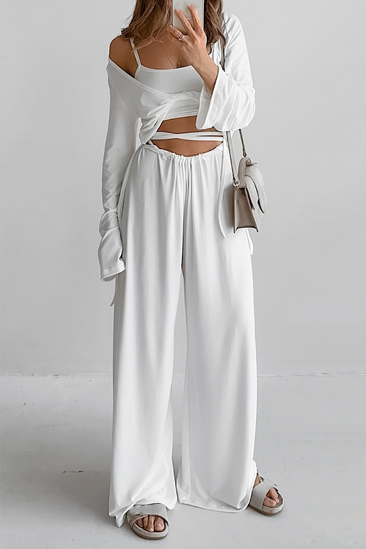 Conjunto informal de tres piezas con cuello en U, sin mangas, con tirantes anudados y color sólido