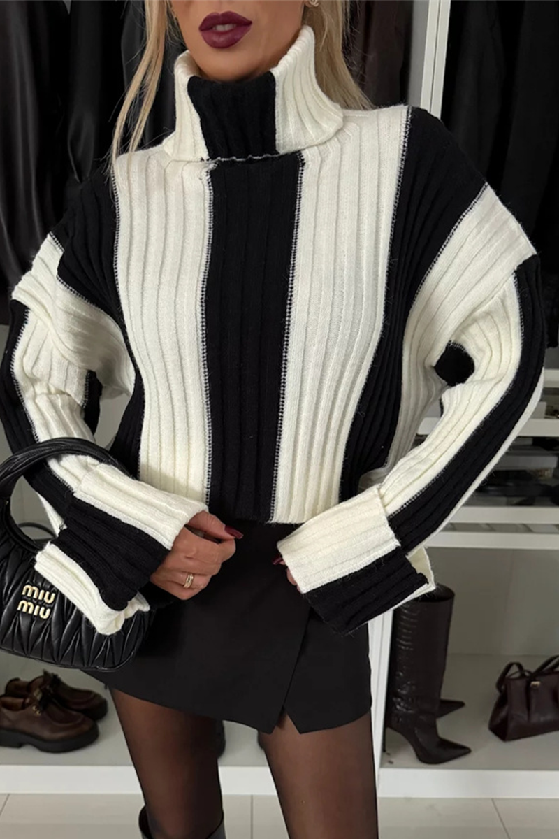 Suéteres casuales de cuello alto con tejido de rayas en contraste
