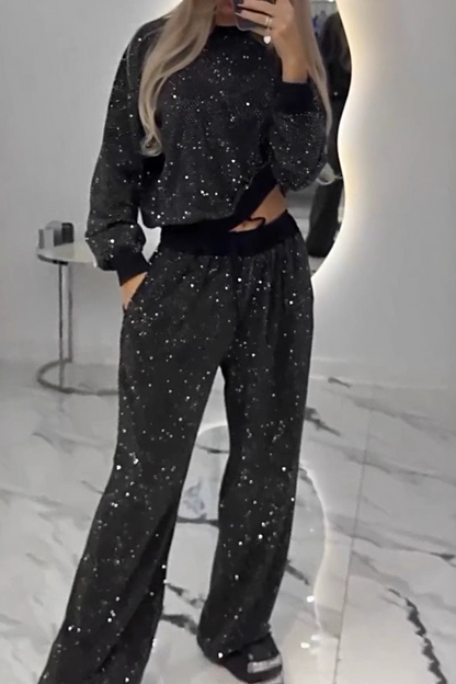 Conjunto informal de dos piezas con cuello redondo, manga larga y bolsillo con cordón y lentejuelas