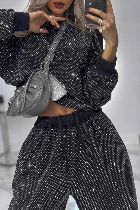 Conjunto informal de dos piezas con cuello redondo, manga larga y bolsillo con cordón y lentejuelas