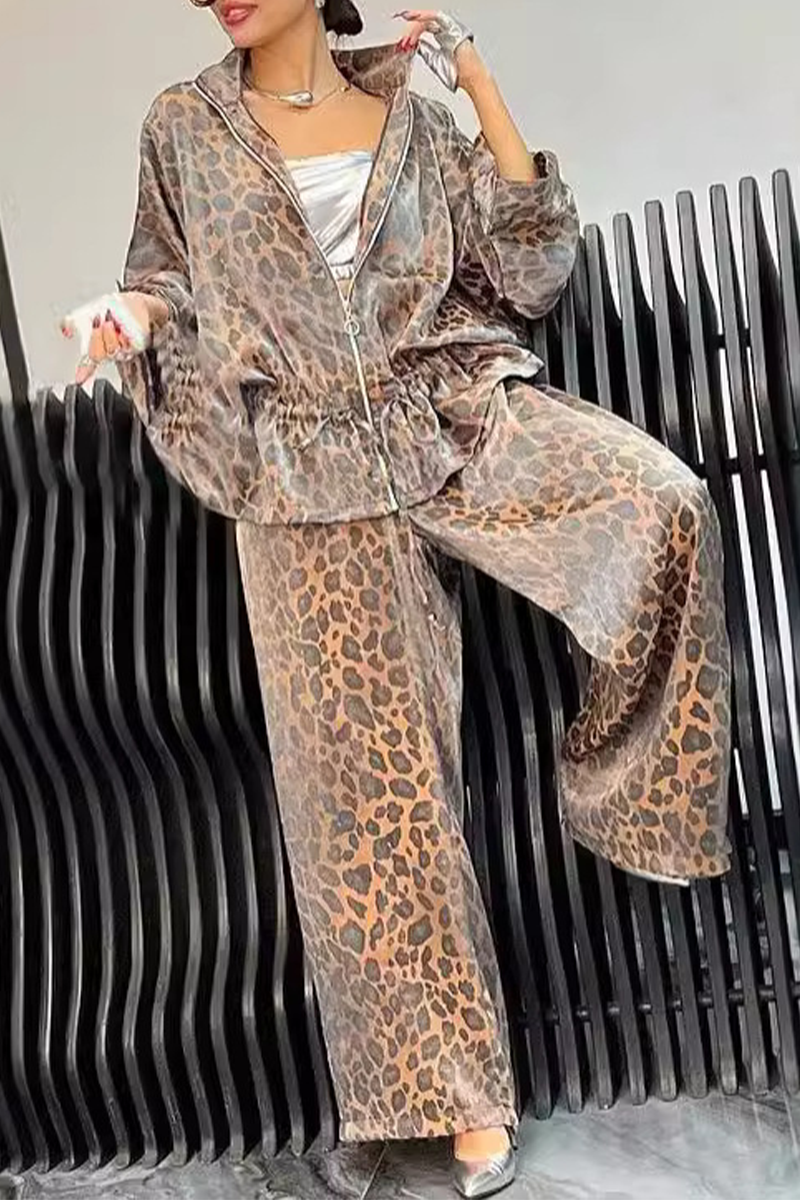 Conjunto informal de dos piezas con estampado de leopardo, cremallera y cuello vuelto, manga larga (5 colores)