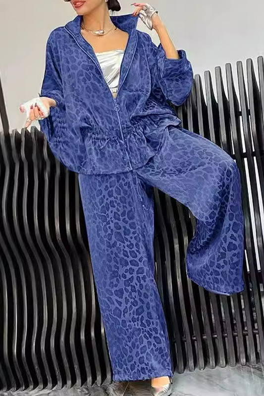 Conjunto informal de dos piezas con estampado de leopardo, cremallera y cuello vuelto, manga larga (5 colores)