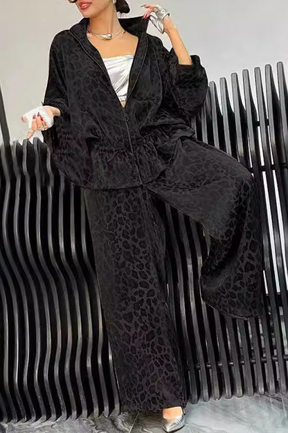 Conjunto informal de dos piezas con estampado de leopardo, cremallera y cuello vuelto, manga larga (5 colores)