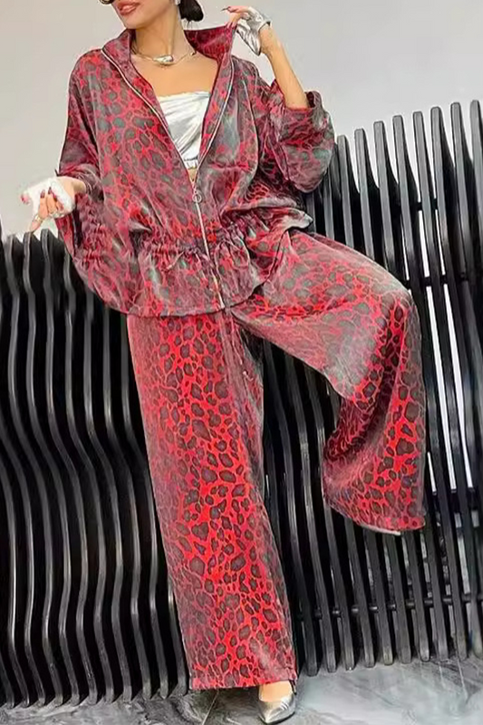 Conjunto informal de dos piezas con estampado de leopardo, cremallera y cuello vuelto, manga larga (5 colores)