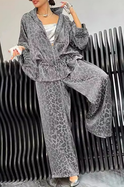 Conjunto informal de dos piezas con estampado de leopardo, cremallera y cuello vuelto, manga larga (5 colores)