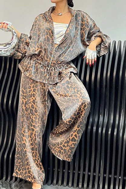 Conjunto informal de dos piezas con estampado de leopardo, cremallera y cuello vuelto, manga larga (5 colores)