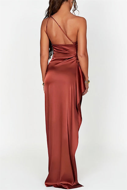 Vestidos largos sexys de fiesta formales con espalda descubierta, abertura y cuello oblicuo fruncido (11 colores)