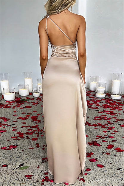 Vestidos largos sexys de fiesta formales con espalda descubierta, abertura y cuello oblicuo fruncido (11 colores)