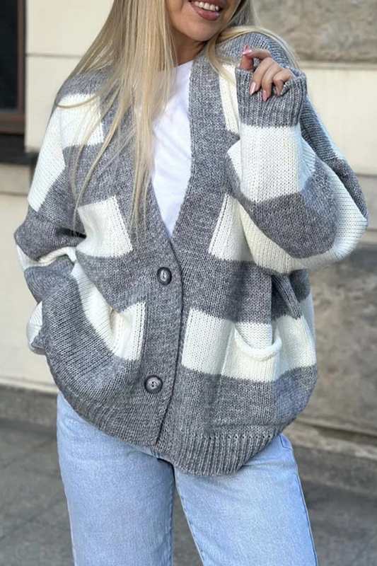 Prenda exterior informal de rayas urbanas con bolsillos y patchwork, cuello en V en contraste (4 colores)