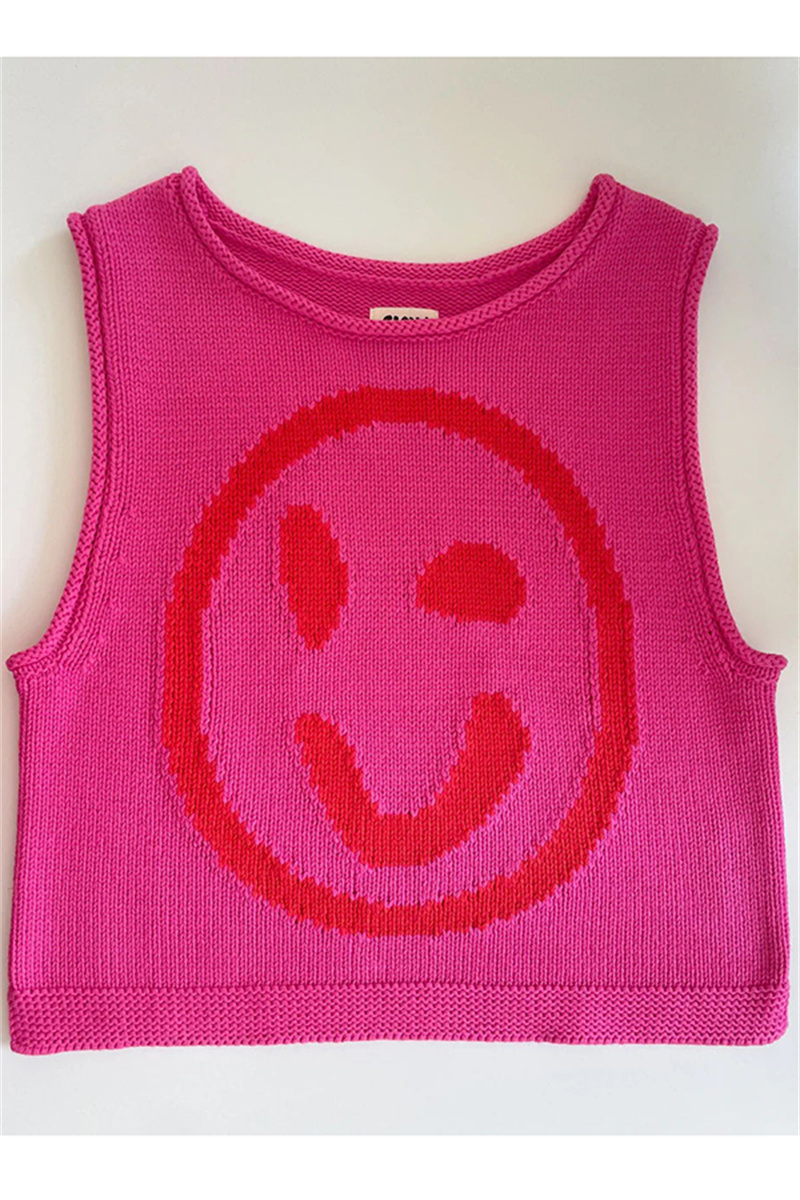 Tops casuales con cuello redondo y contraste de cara sonriente (5 colores)