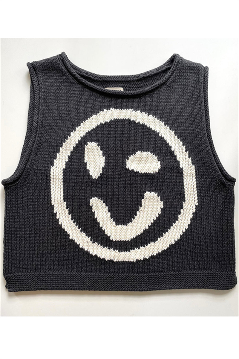 Tops casuales con cuello redondo y contraste de cara sonriente (5 colores)