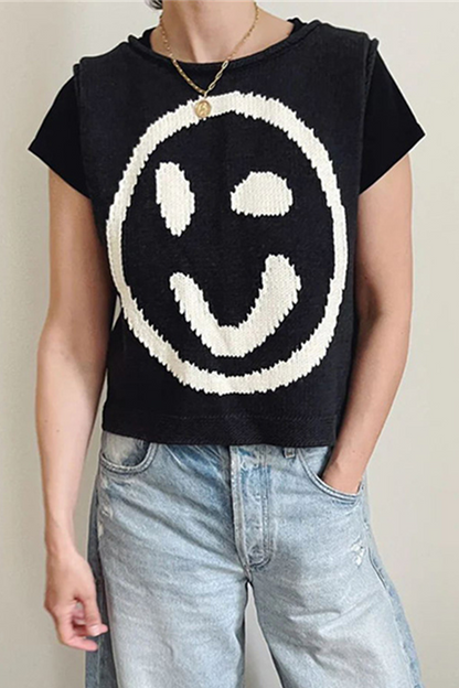 Tops casuales con cuello redondo y contraste de cara sonriente (5 colores)