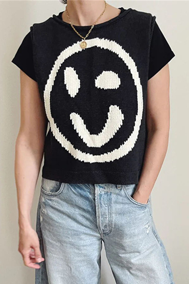 Tops casuales con cuello redondo y contraste de cara sonriente (5 colores)