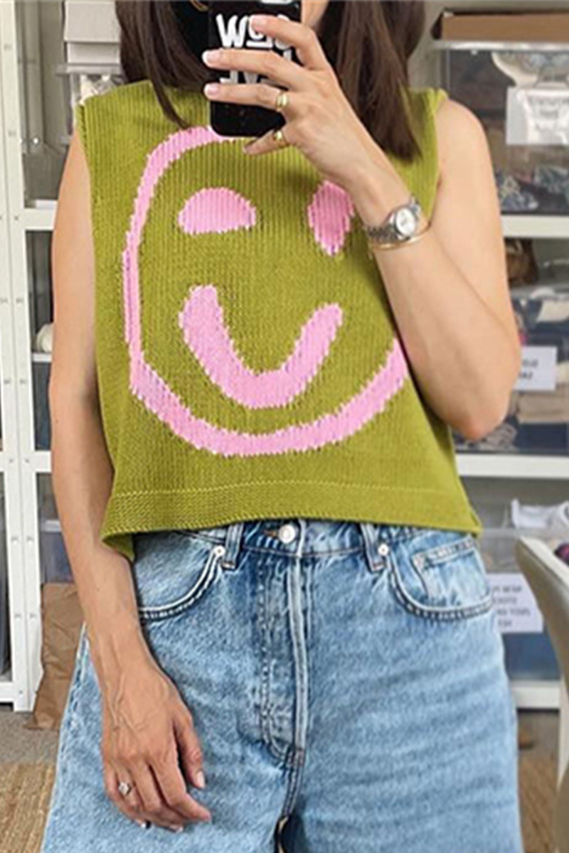 Tops casuales con cuello redondo y contraste de cara sonriente (5 colores)