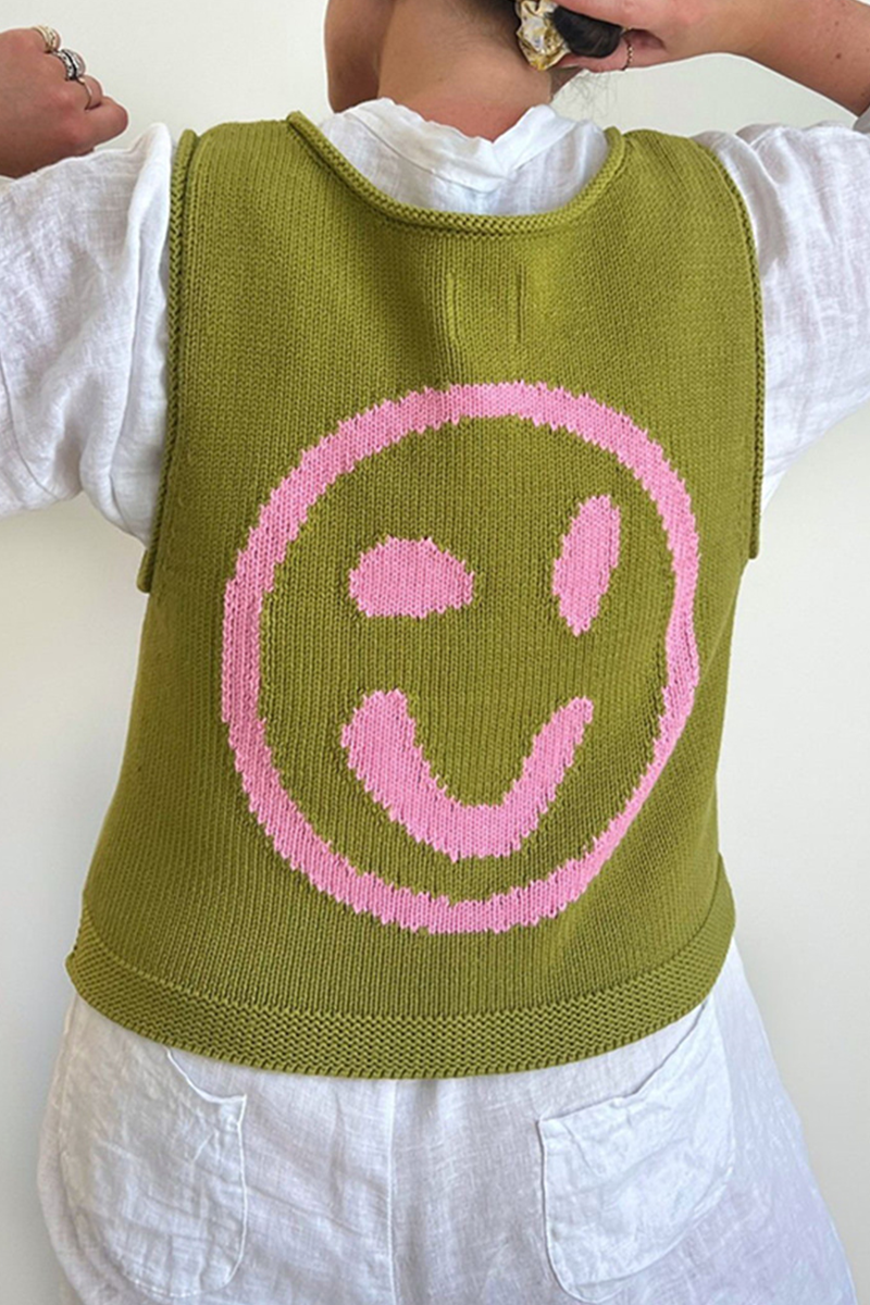 Tops casuales con cuello redondo y contraste de cara sonriente (5 colores)