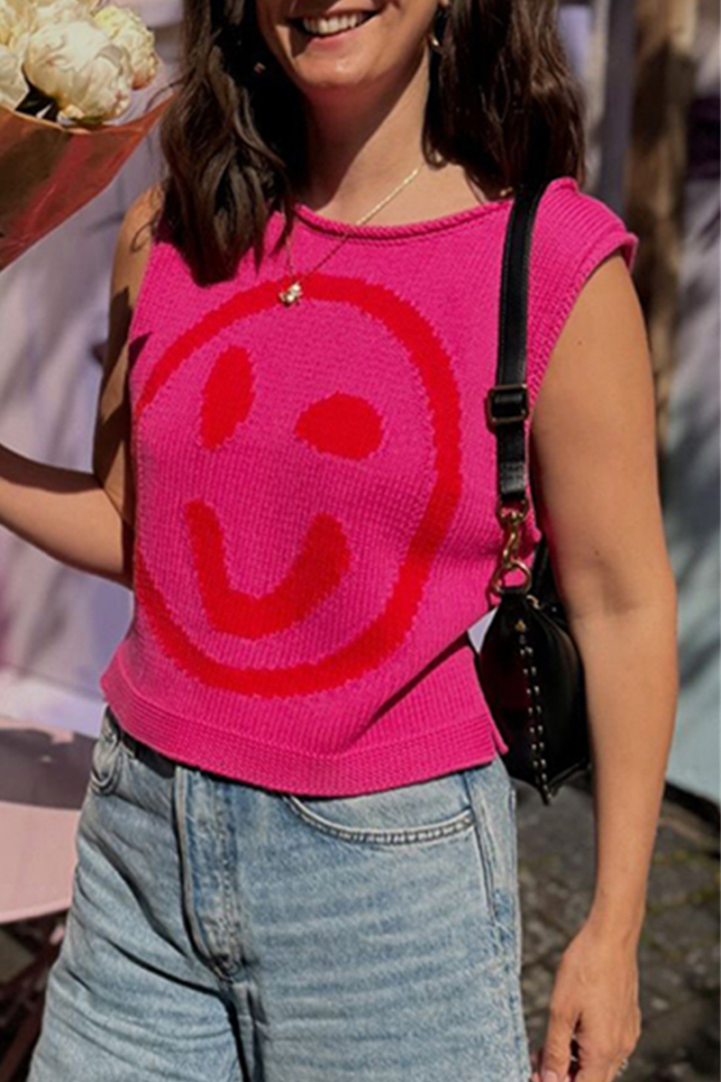 Tops casuales con cuello redondo y contraste de cara sonriente (5 colores)