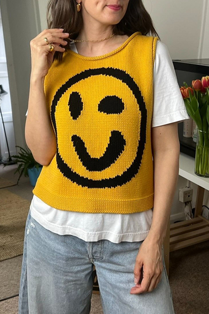 Tops casuales con cuello redondo y contraste de cara sonriente (5 colores)