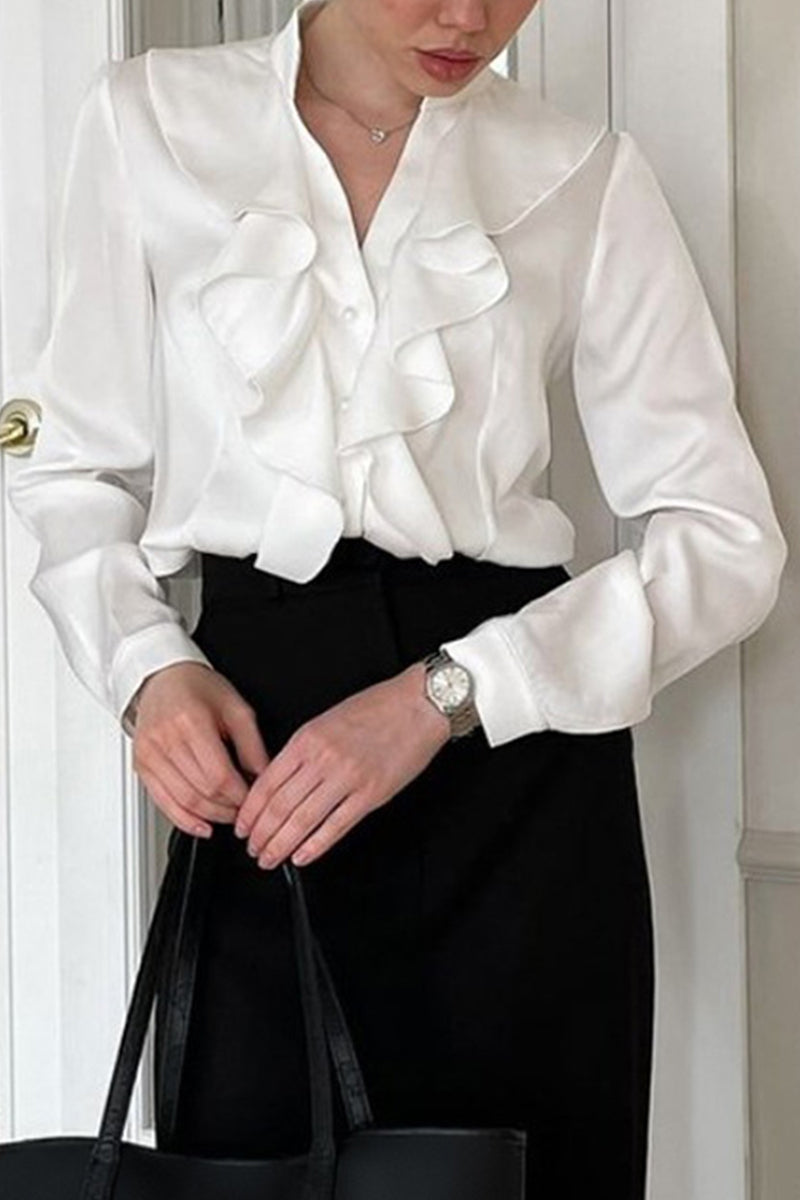 Blusas casuales con cuello mandarín, botones y volantes