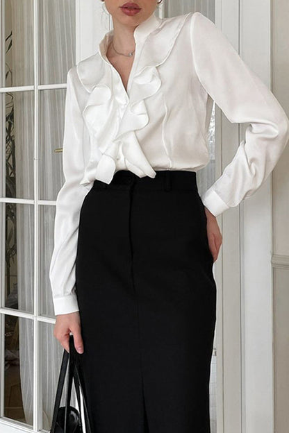 Blusas casuales con cuello mandarín, botones y volantes