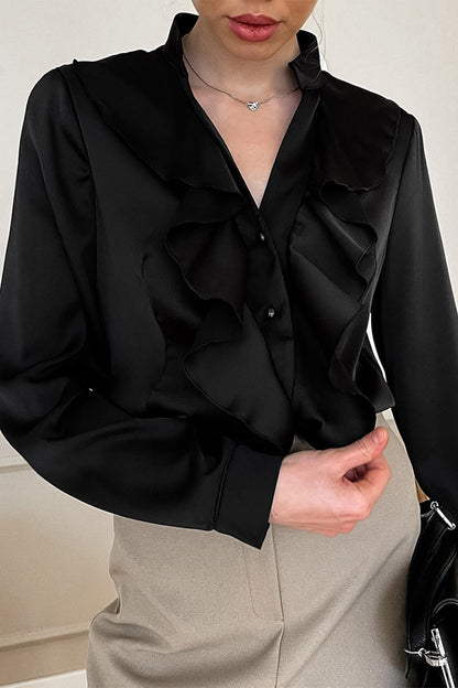 Blusas casuales con cuello mandarín, botones y volantes
