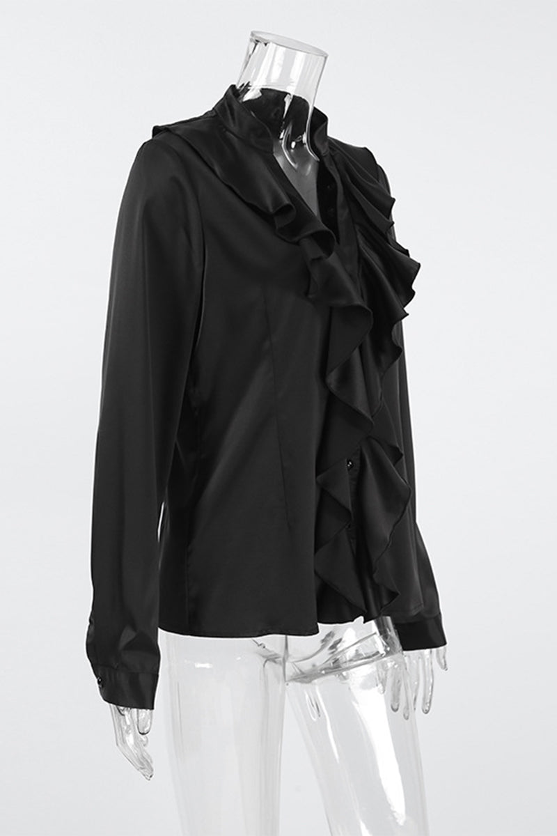 Blusas casuales con cuello mandarín, botones y volantes