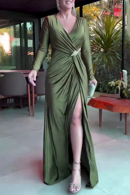 Vestidos de noche elegantes con escote en V fruncido y aberturas caladas (4 colores)