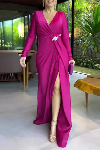 Vestidos de noche elegantes con escote en V fruncido y aberturas caladas (4 colores)