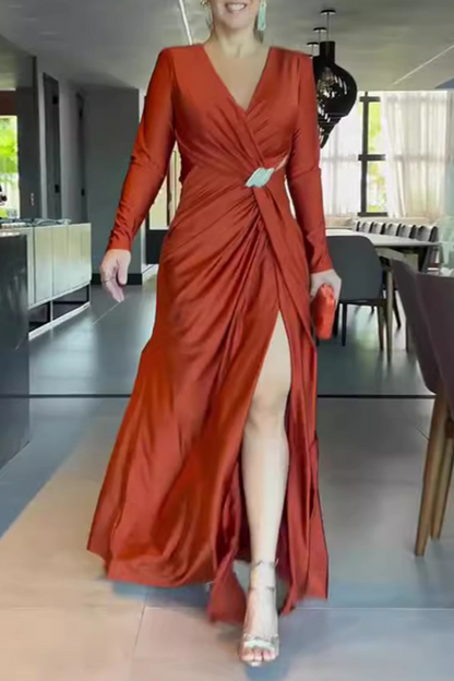 Vestidos de noche elegantes con escote en V fruncido y aberturas caladas (4 colores)