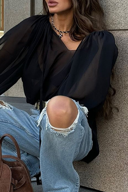Blusas casuales con cordones y cuello en V transparentes